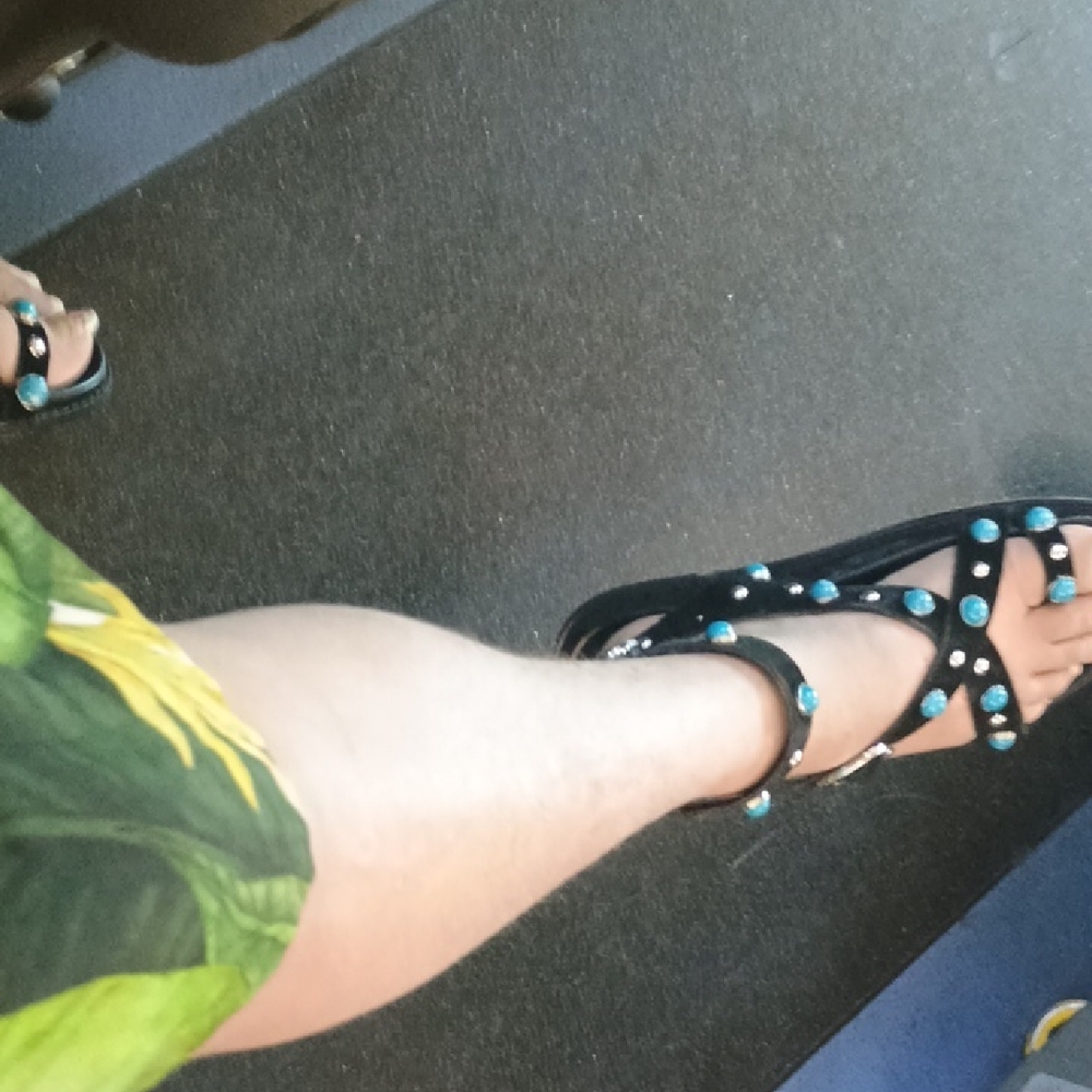 Aqua Black Sandals with Blue Embellishments